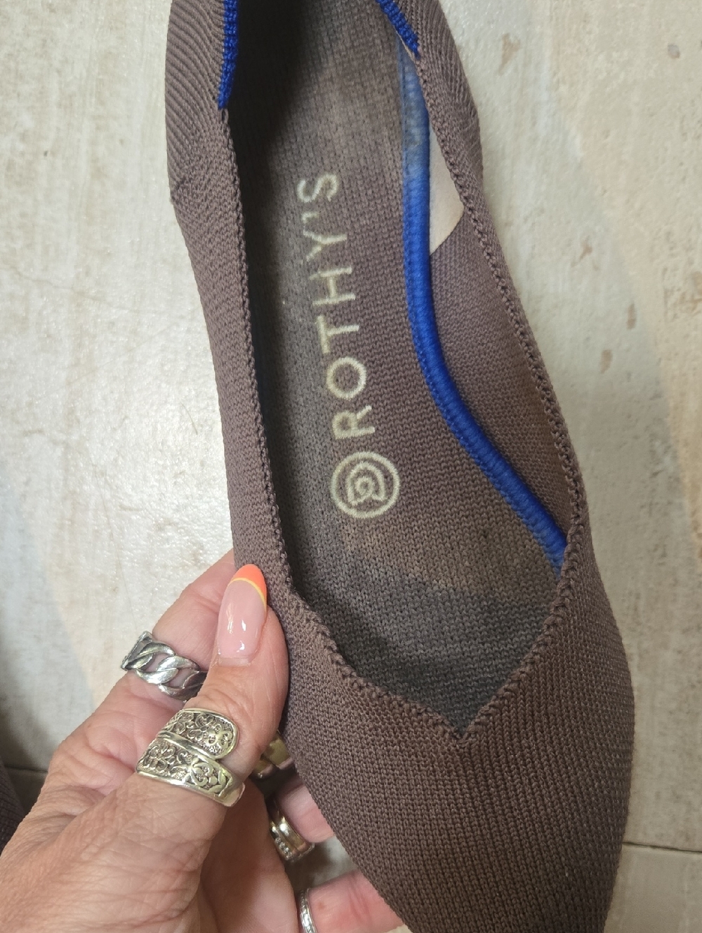 Rothy's Taupe Brown with Blue Accent Pointed Toe Flats - Picture 11 of 12